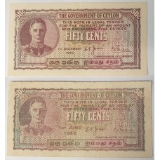 CEYLON 1948-1949 . FIFTY 50 CENTS BANKNOTES . 2 NOTES